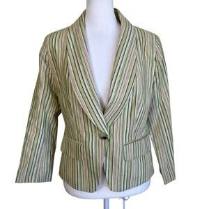 Gibson Y2K Striped Linen Blend Single Breasted Blazer Cropped 3/4 Sleeve Spring